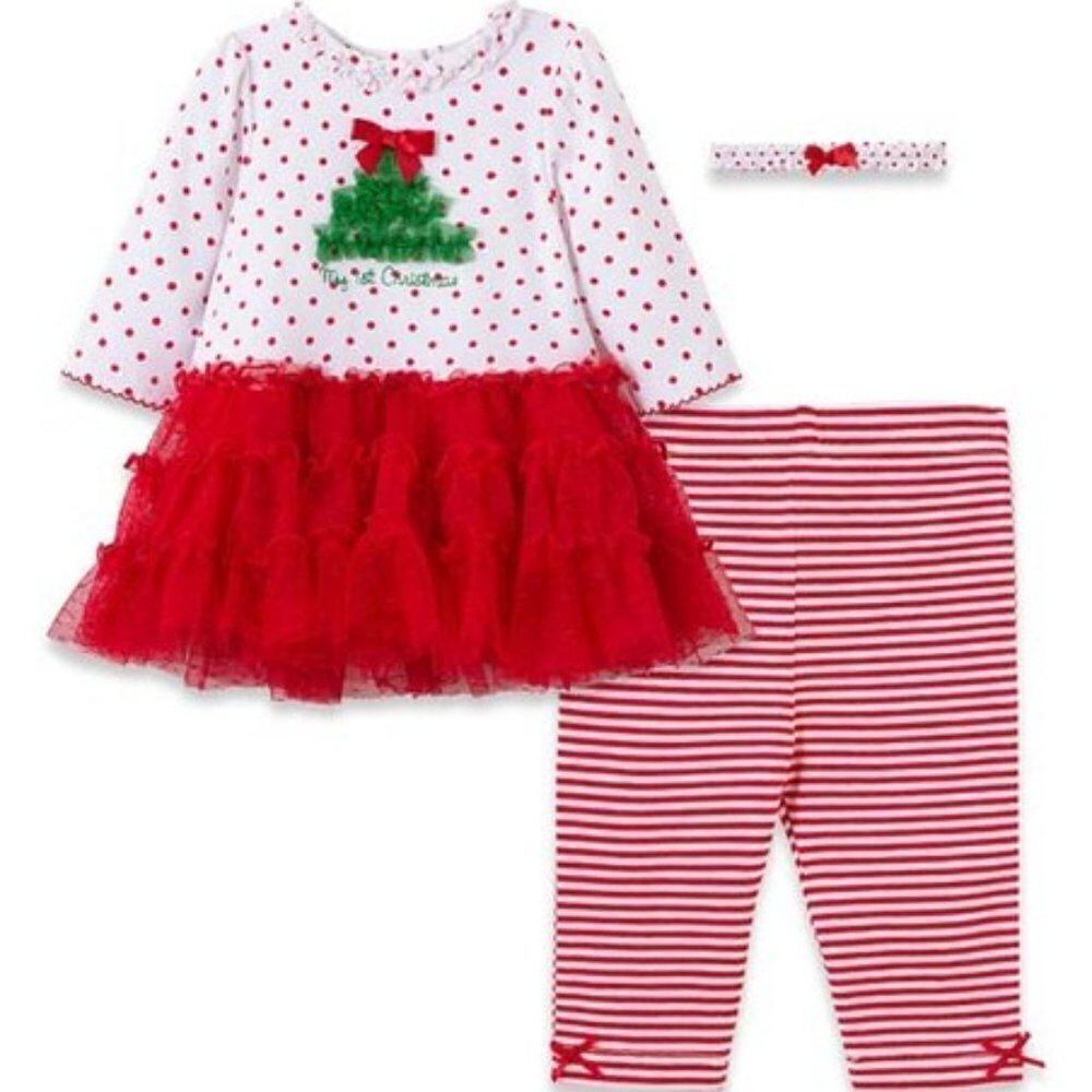 𝅺MERRY Christmas 3-Piece Girl's My First Christmas Top Pants Headband